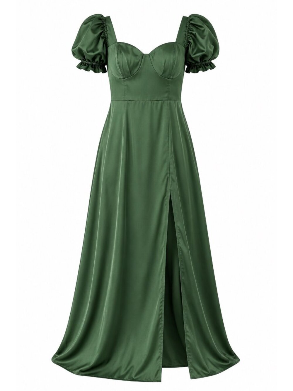 Azazie Olive Moss Green Harlie Stretch Satin Puff Sleeve A-Line Dress With Slit